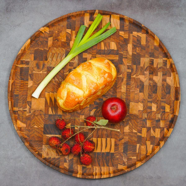 Khay gỗ Teak ghép đầu cây hình tròn 50x2,5 cm