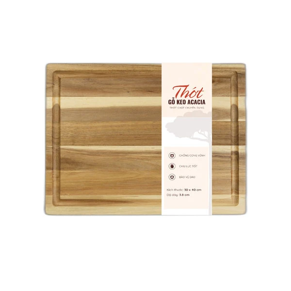 Thớt gỗ keo ghép kiểu Solid chữ nhật size 30x40x3.8cm